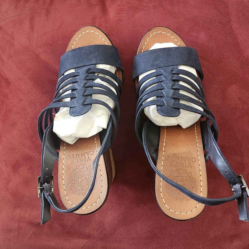 New-Vince Camuto Onia Blue Suede Platform Sling Back Heel Wedge Sandals Size8.5M - Picture 7 of 11